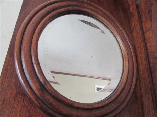 VINTAGE WOOD FIREPLACE MANTEL WITH CARVED ACCENTS AND BEVELED MIRRORS