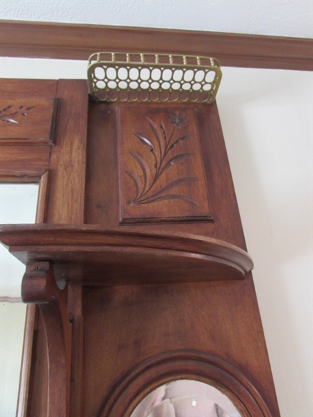 VINTAGE WOOD FIREPLACE MANTEL WITH CARVED ACCENTS AND BEVELED MIRRORS