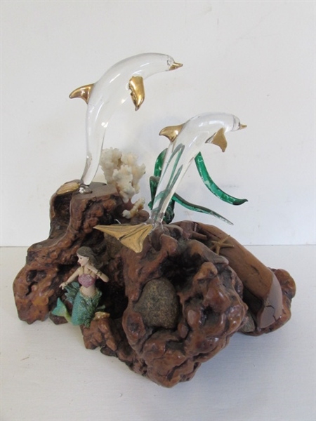 BURLWOOD AND GLASS BLOWN DOLPHINS