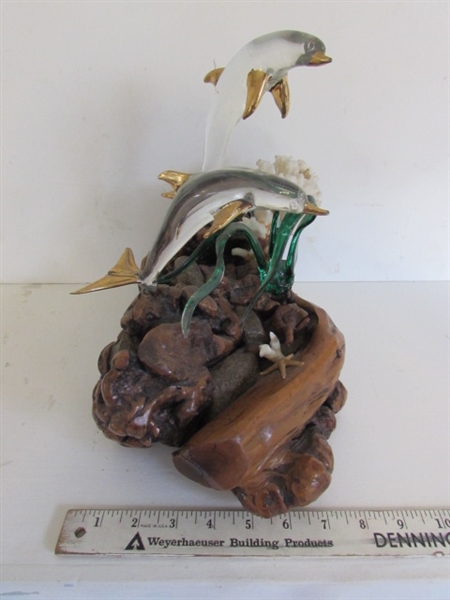 BURLWOOD AND GLASS BLOWN DOLPHINS