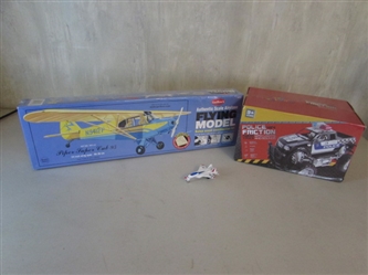 PIPER SUPER CUB 95 BALSA AIRPLANE KIT, POLICE 4X4 FRICTION POWERED TRUCK AND MINI DIE CAST AIRPLANE