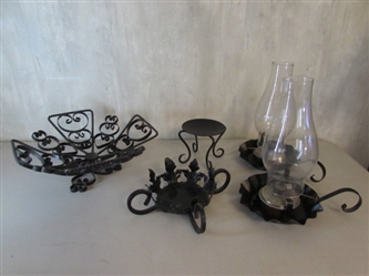 2 BLACK METAL CHAMBER OIL LAMPS, METAL PEDESTAL BOWL & CANDLE HOLDERS