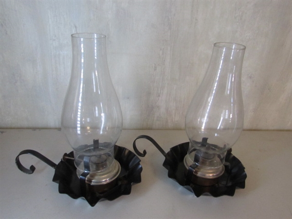 2 BLACK METAL CHAMBER OIL LAMPS, METAL PEDESTAL BOWL & CANDLE HOLDERS