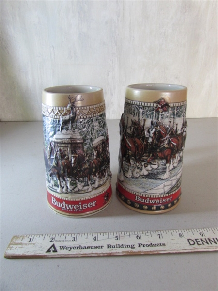 VINTAGE COPPER JELLY BELLY GUMBALL MACHINE, TUACA LIQUOR BOTTLE TOPPER, BUDWEISER STEINS AND SHOT GLASSES