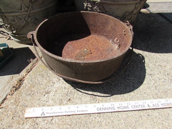 CAST IRON HANGER & ASSORTED POTS