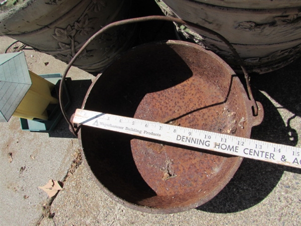 CAST IRON HANGER & ASSORTED POTS