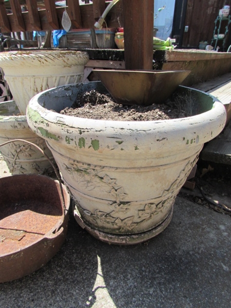 CAST IRON HANGER & ASSORTED POTS