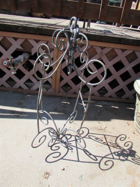 CAST IRON HANGER & ASSORTED POTS